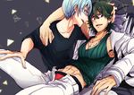  abs arm_around_neck blue_hair earrings glasses green_hair hand_on_another's_head highres inumuta_houka jewelry kill_la_kill male_focus multiple_boys muscle necklace on_lap sanageyama_uzu underwear yaoi yunkru 