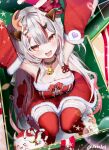  1girl :3 antlers arms_up bell box breasts christmas detached_sleeves dress fake_antlers gift gift_box heart highres hololive horns in_box in_container jingle_bell large_breasts long_hair long_sleeves looking_at_viewer nakiri_ayame oni open_mouth poyoyo_(nakiri_ayame) red_dress red_eyes red_thighhighs reindeer_antlers santa_dress seta_(seta105) sitting smile sparkle spoken_heart thighhighs tongue virtual_youtuber white_hair years 