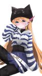  1girl abs absurdres alternate_costume alternate_hairstyle animal_hat beanie belt blonde_hair blue_eyes blush bodystocking breasts cat_hat ciel_(mega_man) commission commissioner_upload eyelashes fauron714 hat highres hood hood_down hooded_sweater hoodie long_hair long_sleeves looking_at_viewer mechanical_ears mega_man_(series) mega_man_zero_(series) non-web_source sleeves_past_fingers sleeves_past_wrists small_breasts striped_clothes sweater thigh_strap thighs transparent_background 