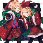  1boy 1girl ;d bangs_pinned_back belt black_belt black_gloves black_pantyhose blonde_hair blue_background blue_eyes border bow christmas coat contrapposto dark_background dress feet_out_of_frame fur-trimmed_coat fur-trimmed_dress fur-trimmed_gloves fur-trimmed_headwear fur-trimmed_sleeves fur_trim gloves green_scarf hair_bow hair_ornament hairclip hand_up hat holly_print kagamine_len kagamine_rin leaning_to_the_side light_blush light_particles neck_ribbon no_nose one_eye_closed open_mouth outstretched_arm pantyhose parted_bangs plaid_clothes plaid_ribbon plaid_scarf pom_pom_(clothes) pom_pom_hair_ornament red_bow red_coat red_dress red_hat red_ribbon red_shorts ribbon santa_costume santa_dress santa_hat scarf short_dress shorts side-by-side side_slit simple_background smile soriku swept_bangs twitter_username vocaloid white_border wide_sleeves 