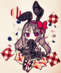  akemi_homura akuma_homura animal_ears argyle argyle_legwear bare_shoulders black_gloves black_hair bow bunny_ears chibi dress elbow_gloves fc_(efushii) gloves hair_bow long_hair looking_at_viewer mahou_shoujo_madoka_magica mahou_shoujo_madoka_magica_movie purple_eyes simple_background solo spoilers thighhighs zettai_ryouiki 