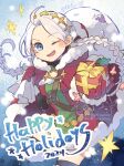  1girl 2024 ahoge alternate_costume blue_eyes box braid breasts capelet christmas dress fire_emblem fire_emblem_fates fire_emblem_heroes fur-trimmed_dress fur_trim gift gift_box hairband happy_holidays harness holding holding_sack hood hooded_capelet long_hair looking_at_viewer low_twin_braids low_twintails medium_breasts nina_(fire_emblem) o-ring o-ring_harness one_eye_closed open_mouth parted_bangs red_hood sack santa_capelet santa_costume santa_dress solo tefutene twin_braids twintails white_fur white_hair 