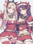  2girls absurdres ai-generated bare_shoulders black_hair blonde_hair dress ereshkigal_(fate) fate/grand_order fate_(series) fur-trimmed_dress fur_trim hat highres ishtar_(fate) koko_0316a midriff multiple_girls navel red_dress red_eyes red_hat red_shirt red_shorts red_thighhighs red_tube_top santa_costume santa_dress shirt shorts siblings sisters strapless strapless_dress thighhighs tube_top two_side_up v 