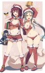  arm_up atelier_(series) atelier_firis atelier_lydie_&amp;_suelle bikini blood boots bow brown_eyes camera christmas firis_mistlud front-tie_bikini_top front-tie_top gift green_eyes grey_hair hair_bow highres liane_mistlud long_hair nosebleed open_mouth red_hair sack santa_costume short_hair smile sophie_neuenmuller swimsuit yanu 
