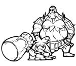 1boy armor borrowed_weapon crossover dark_souls_(series) dark_souls_i executioner_smough full_armor hammer holding holding_hammer holding_weapon lineart monochrome name_omoitukan2 pokemon pokemon_(creature) simple_background thick_lineart tinkaton weapon weapon_connection white_background 