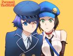  androgynous bag belt black_hair blue_eyes blue_hair cabbie_hat double-breasted elbow_gloves gloves green_eyes hat kikumaru_bunta marie_(persona_4) multiple_girls necktie one_eye_closed persona persona_4 persona_4_the_golden reverse_trap shirogane_naoto short_hair shoulder_bag sleeveless striped thighhighs title upper_body 