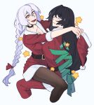  2girls acheron_(honkai:_star_rail) arms_around_neck black_swan_(honkai:_star_rail) breasts charathegay christmas dress fur-trimmed_dress fur-trimmed_headwear fur_trim girl_on_top hair_over_one_eye hat highres honkai:_star_rail honkai_(series) hug long_hair looking_at_another merry_christmas multiple_girls purple_eyes purple_hair santa_costume santa_dress santa_hat simple_background sitting sitting_on_lap sitting_on_person smile straddling upright_straddle white_background yellow_eyes yuri 