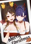  2girls absurdres akuma_nihmune animal_ears bare_shoulders blunt_bangs breasts brown_hair choker cleavage closed_mouth d4kou16 demon_horns detached_sleeves dress facial_mark fiery_ears fingerless_gloves gloves heart heart_facial_mark highres horns indie_virtual_youtuber large_breasts lipstick_mark long_hair looking_at_viewer merry_christmas mole mole_under_eye multicolored_hair multiple_girls open_mouth orange_eyes orange_fire orange_hair polaroid_photo purple_hair red_choker red_eyes santa_dress sinder_(vtuber) streaked_hair virtual_youtuber wolf_ears wolf_girl 