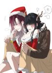  2girls absurdres animal_costume antlers black_hair blush commentary_request dress gradient_hair hat highres horns illusion_moon korean_commentary long_hair long_sleeves multicolored_hair multiple_girls open_mouth parted_lips path_to_nowhere purple_hair rahu_(path_to_nowhere) red_dress red_hair reindeer_antlers reindeer_costume santa_dress santa_hat scar scar_across_eye scar_on_hand shalom_(path_to_nowhere) simple_background smile spoken_squiggle squiggle sweatdrop white_background white_hair yuri 