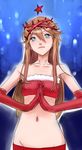  bandeau bare_shoulders blue_eyes brown_hair commentary_request crown_of_thorns elbow_gloves freckles gloves hands_together long_hair navel neon_genesis_evangelion nishieda praying red_gloves smile solo souryuu_asuka_langley star strapless tubetop 