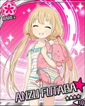  artist_request blonde_hair card_(medium) character_name closed_eyes flower_(symbol) futaba_anzu idolmaster idolmaster_cinderella_girls long_hair low_twintails multicolored multicolored_stripes official_art pink_background smile solo striped stuffed_animal stuffed_bunny stuffed_toy twintails 
