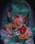  1girl blood blood_on_face commentary covered_mouth flower glowing glowing_eyes gradient_background green_hair grey_background haniwa_kue highres kazami_yuuka looking_at_viewer red_eyes red_flower red_vest shirt short_hair solo touhou upper_body vest vignetting white_flower white_shirt yellow_flower 
