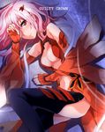  absurdres bad_id bad_pixiv_id bare_shoulders black_legwear blush breasts center_opening cleavage covering_one_eye detached_sleeves elbow_gloves fingerless_gloves gloves guilty_crown hair_ornament hairclip highres koppeosechi long_hair looking_at_viewer medium_breasts navel pink_hair red_eyes solo thighhighs twintails yuzuriha_inori 