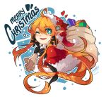  1girl ;d box braid capelet christmas commentary dated double-parted_bangs english_commentary english_text fur-trimmed_capelet fur-trimmed_headwear fur_trim gift gift_box green_eyes hat holding holding_sack holly long_hair merry_christmas one_eye_closed original pointy_ears red_capelet sack sandragh santa_costume santa_hat signature simple_background single_braid smile snow solo star_(symbol) upper_body very_long_hair white_background 