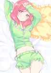  bad_id bad_pixiv_id blush frilled_pillow frills highres love_live! love_live!_school_idol_project midriff navel nerunnn nishikino_maki pajamas pillow pink_hair purple_eyes short_hair solo stomach 