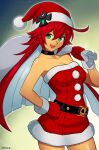  1girl absurdres ankh artist_name belt breasts capelet choker collarbone colored_inner_hair dress english_commentary fur-trimmed_capelet fur-trimmed_dress fur-trimmed_gloves fur_trim gloves green_eyes guilty_gear hair_between_eyes hand_on_own_hip hat highres holding holding_sack jack-o&#039;_valentine long_hair looking_at_viewer medium_breasts multicolored_hair open_mouth red_capelet red_dress red_gloves red_hair sack santa_dress santa_hat short_dress smgold smile solo white_hair 