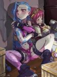 anime_coloring blue_hair blush braid breasts brick_wall cleavage commentary_request covering covering_breasts crop_top cropped_jacket denim denim_shorts elbow_gloves embarrassed fingerless_gloves fishnet_legwear fishnets flat_chest floor gauntlets gloves goggles jinx_(league_of_legends) league_of_legends long_hair looking_to_the_side midriff mori_shin_risuku multiple_girls nose_blush pink_hair short_hair shorts shoulder_armor single_thighhigh sitting sleeping sleeping_upright spaulders tattoo thighhighs twin_braids vi_(league_of_legends) wavy_mouth 