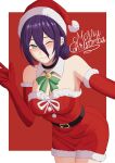  1girl ;) black_choker chainsaw_man choker closed_mouth dress elbow_gloves fur-trimmed_dress fur-trimmed_gloves fur_trim gloves green_ribbon hair_bun hat highres mccheese one_eye_closed purple_hair red_dress red_gloves red_hat reze_(chainsaw_man) ribbon santa_dress santa_hat smile solo 