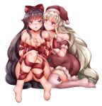  2girls bare_shoulders bdsm black_hair blonde_hair blue_eyes blush bondage bound bow breasts christmas closed_mouth commentary_request dress hair_bow hand_on_another&#039;s_shoulder hat highres large_breasts liliokajrozo long_hair looking_at_another multiple_girls original parted_lips pink_eyes red_bow red_dress red_ribbon ribbon ribbon_bondage santa_dress santa_hat simple_background smile thighhighs white_background white_thighhighs yuri 