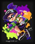  1boy bike_shorts blue_eyes blue_hair character_name commentary dated english_commentary fangs hat highres holding ink_tank_(splatoon) inkling inkling_boy inkling_player_character looking_at_viewer male_focus open_mouth paint_splatter pointy_ears sandragh shirt shoes short_hair shorts signature simple_background smile sneakers solo splatoon_(series) splatoon_1 splattershot_(splatoon) squid super_soaker tentacle_hair weapon 
