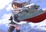  aa_gun bare_shoulders black_legwear blouse blue_sky boots brown_hair cloud day detached_sleeves double_bun gun hair_ornament hairband headgear jack_hamster japanese_clothes kantai_collection kongou_(kantai_collection) long_hair nontraditional_miko open_mouth skirt sky smile solo thigh_boots thighhighs turret weapon 