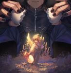  1boy absurdres animification bird_boy bird_wings closed_eyes commentary cracking_egg creature crying duck_boy egg english_commentary father_and_child highres implied_death jacket lotus_ml male_focus minecraft_youtube multiple_views quackity quackity_smp red_ribbon ribbon smile tilin track_jacket wings 