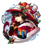  1boy bell black_hair box candy candy_cane candy_cane_hair_ornament capelet christmas christmas_ornaments commentary cookie dated eating english_commentary english_text eyeshadow food food-themed_hair_ornament fur-trimmed_capelet fur-trimmed_headwear fur_trim gift gift_box gingerbread_cookie gingerbread_man gradient_hair hair_ornament hat hat_ornament holding holding_gift holding_sack holly holly_hair_ornament holly_hat_ornament jingle_bell long_hair looking_at_viewer makeup merry_christmas multicolored_hair one_eye_closed original red_capelet red_eyes red_eyeshadow red_hair red_hat sack sandragh santa_costume santa_hat signature simple_background solo very_long_hair white_background white_hair 