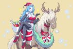 1girl absurdres alternate_costume black_gloves black_thighhighs blue_eyes blue_hair blush box breasts chinese_commentary christmas christmas_wreath cleavage commentary_request crossed_legs detached_collar dress elbow_gloves elden_ring extra_arms full_body gift gift_box gloves green_necktie grin hat high_heels highres horse horseback_riding large_breasts long_hair necktie puff_of_air ranni_the_witch riding santa_dress santa_hat short_dress sidesaddle smile snowflakes strapless strapless_dress thighhighs torrent_(elden_ring) user_ytws5434 wreath yellow_background 