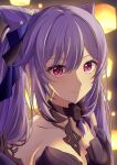  absurdres cone_hair_bun diamond-shaped_pupils diamond_(shape) genshin_impact hair_bun hair_ears highres keqing_(genshin_impact) keqing_(opulent_splendor)_(genshin_impact) off-shoulder_sweater off_shoulder purple_eyes purple_hair purple_sweater sweater symbol-shaped_pupils twintails watatai 