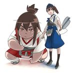  akagi_(kantai_collection) commentary_request kaga_(kantai_collection) kantai_collection long_hair multiple_girls muneate nishieda parody size_difference 