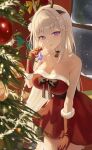  1girl absurdres bare_shoulders bell belt black_belt black_choker blunt_bangs braid breasts choker christmas christmas_ornaments christmas_tree cleavage collarbone commentary cowboy_shot crown_braid dress emilia_(re:zero) flower fur-trimmed_dress fur-trimmed_gloves fur_trim gloves grey_hair hair_flower hair_ornament hair_ribbon highres indoors large_breasts long_hair looking_at_viewer nea_(nea_77) neck_bell night open_mouth pointy_ears purple_eyes purple_ribbon re:zero_kara_hajimeru_isekai_seikatsu red_dress red_gloves ribbon santa_dress santa_gloves snowing solo strapless strapless_dress symbol-only_commentary very_long_hair white_flower window wreath x_hair_ornament 