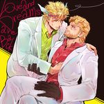  bad_id bad_pixiv_id beard blonde_hair caesar_anthonio_zeppeli facial_hair feathers formal gloves hair_feathers jojo_no_kimyou_na_bouken joseph_joestar multiple_boys oreha00701 suit time_paradox 