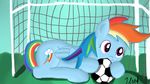  cutie_mark equine female friendship_is_magic fur hair hoofball jbond mammal multi-colored_hair my_little_pony outside pegasus purple_eyes rainbow_dash_(mlp) rainbow_hair rainbow_tail soccer soccer_ball solo wings 