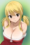  1girl alternate_costume blonde_hair breasts brown_eyes christmas cleavage collarbone detached_sleeves dress fairy_tail gaston18 hair_between_eyes highres huge_breasts large_breasts long_sidelocks looking_at_viewer lucy_heartfilia red_dress red_sleeves santa_dress sidelocks solo twintails 