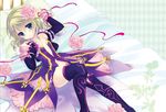  bad_id bad_pixiv_id blonde_hair blush boots dress elize_lutus flower frills green_eyes hair_flower hair_ornament pillow pink_flower pink_rose purple_dress purple_footwear purple_legwear rose short_hair solo takashina_asahi tales_of_(series) tales_of_xillia thighhighs undressing 