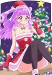  1girl absurdres aqua_eyes black_thighhighs blurry blurry_background christmas christmas_tree commentary commentary_request convenient_censoring depth_of_field dress ellee-chan fur_collar gloves hat highres hirogaru_sky!_precure holding holding_sack long_hair looking_at_viewer night on_railing outdoors over_shoulder partial_commentary precure purple_hair railing red_dress red_gloves red_hat sack santa_dress santa_gloves santa_hat short_dress sitting solo star_ornament strapless strapless_dress sugimura_mickey thighhighs two_side_up 
