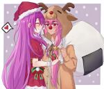  2girls absurdres animal_costume breasts christmas dark_skin dress fur-trimmed_headwear fur_trim hat heaven_burns_red highres kura_satomi lidce long_hair multiple_girls pink_hair ponytail reindeer_costume ribbon sack santa_costume santa_dress santa_hat tsukishiro_monaka yuri 
