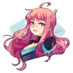  1girl ahoge aqua_trim black_shirt blue_eyes body_freckles breasts cleavage commentary dated double-parted_bangs english_commentary freckles gift_art highres large_breasts long_hair multicolored_clothes original pink_hair sandragh shirt signature simple_background smile solo white_background 