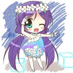  ;d breasts chibi dress endori flower gloves green_eyes hair_flower hair_ornament head_wreath large_breasts long_hair love_live! love_live!_school_idol_project lowres one_eye_closed open_mouth purple_hair smile solo thighhighs toujou_nozomi twintails yume_no_tobira 