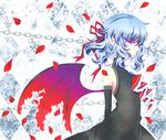  alternate_costume alternate_eye_color arms_behind_back bad_id bad_pixiv_id bare_shoulders bat_wings black_dress black_gloves blue_hair brooch dress elbow_gloves gloves jewelry pointy_ears purple_eyes remilia_scarlet rimei short_hair solo touhou wavy_hair wings 