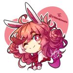  1girl ;) animal_ears blush close-up commentary curly_hair dated english_commentary gift_art lace long_hair multicolored_hair one_eye_closed original pink_eyes pink_hair rabbit_ears rabbit_girl red_ribbon ribbon sandragh signature simple_background smile solo white_background white_streaks 