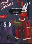 anthro arthropod big_penis black_body black_eyes bodily_fluids christmas christmas_present clothed clothing container dick_in_a_box duo erection exoskeleton genital_fluids genitals gift gynomorph hi_res holidays hollow_knight horn hornet_(hollow_knight) huge_penis humanoid insect intersex male mistletoe penis piekiller plant size_difference standing team_cherry text the_knight_(hollow_knight) vessel_(species)