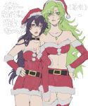  2girls alternate_costume arm_warmers bambietta_basterbine bandeau bare_shoulders belt belt_buckle black_belt black_choker black_hair bleach bleach:_sennen_kessen-hen breasts buckle candice_catnipp choker christmas cleavage commentary_request cowboy_shot dress fur-trimmed_arm_warmers fur-trimmed_bandeau fur-trimmed_dress fur-trimmed_headwear fur_trim green_eyes green_hair hair_between_eyes hand_on_own_hip hat heart heart_choker highres jewelry lightning_bolt_symbol locked_arms long_hair looking_at_viewer midriff miniskirt multiple_girls navel necklace open_mouth parted_lips pendant pom_pom_(clothes) purple_eyes red_arm_warmers red_bandeau red_dress red_hat red_skirt santa_costume santa_dress santa_hat short_dress simple_background skirt strapless strapless_dress translation_request twitter_username upper_body very_long_hair white_background yonyon_niisan 