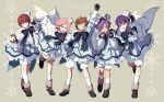  5boys :3 :d ankle_boots arm_up black_bow black_bowtie black_footwear blue_coat blue_eyes blue_hat boots bow bowtie box brown_background brown_gloves brown_hair capelet clenched_hands closed_eyes closed_mouth coat curtained_hair dark-skinned_male dark_skin ensemble_stars! frilled_capelet frilled_coat frilled_sleeves frills full_body fur-trimmed_headwear fur_boots fur_collar fur_trim gift gift_box gloves hair_between_eyes hair_intakes hat highres holding holding_gift kanzaki_souma kneehighs leg_up long_hair long_sleeves looking_at_viewer male_focus mikejima_madara mini_hat multiple_boys one_eye_closed otogari_adonis oukawa_kohaku parted_bangs pink_hair pom_pom_(clothes) ponytail puffy_long_sleeves puffy_sleeves purple_eyes purple_hair raised_eyebrows red_hair sepiadg shirt shoe_buckle short_hair short_ponytail shorts sidelocks smile snowflake_print socks standing suou_tsukasa v-shaped_eyebrows white_capelet white_shirt white_shorts white_snow&#039;s_merry_xmas_(ensemble_stars!) white_socks 