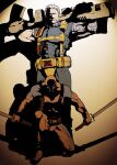  2boys belt cable cable_(marvel) deadpool deadpool_(series) dual_wielding gun holding holding_gun holding_sword holding_weapon holster katana marvel mature_male multiple_boys muscular muscular_male okazuwa_shake old old_man on_one_knee superhero_costume sword thigh_holster weapon western_comics_(style) white_hair x-men 