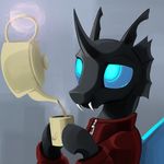  ambiguous_gender black_body blue_eyes changeling clothing cup dimfann fangs friendship_is_magic holding horn levitation magic my_little_pony smile solo teapot 