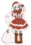  1girl alternate_costume aqua_eyes aqua_hair bag blush_stickers boots brown_footwear carrying_over_shoulder christmas commentary_request dress gloves googly_eyes hat highres holding holding_sack looking_at_viewer monogatari_(series) ononoki_yotsugi pom_pom_(clothes) red_dress red_gloves sack santa_dress santa_gloves santa_hat solo thick_eyebrows thighhighs twintails v valhalla0707 