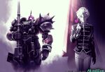  1boy absurdres angelo_sauper cannon commentary_request company_name copyright_name copyright_notice flower geara_zulu geara_zulu_angelo_sauper_custom gundam gundam_arsenal_base gundam_unicorn highres holding kent_(innuendo666) looking_at_viewer machinery mecha military_uniform neo_zeon one-eyed realistic robot rose science_fiction shield shoulder_spikes spikes white_hair 