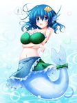  adapted_costume bikini_top blue_eyes blue_hair bow breast_lift breasts bubble crossed_arms fish floral_print hair_ornament head_fins highres large_breasts looking_at_viewer mermaid midriff miniskirt monster_girl navel open_mouth osashin_(osada) skirt solo speech_bubble tail tail_bow touhou underwater wakasagihime 