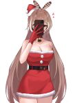  1girl bell breasts brown_eyes brown_hair cellphone cleavage dress feather_hair_ornament feathers fur-trimmed_headwear fur_trim gloves hair_ornament hat heart highres holding holding_phone hololive hololive_english large_breasts long_hair multicolored_hair nanashi_mumei neck_bell phone red_dress red_gloves red_hat santa_dress santa_hat selfie simple_background smartphone solo streaked_hair unmeidesu very_long_hair virtual_youtuber white_background 